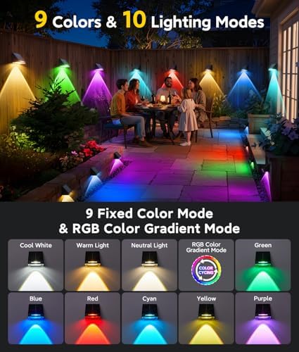 KOOPER Solar Fence Lights Outdoor Waterproof 2 Pack, Solar Fence Lights with Ultra-Bright LED Lens, 10 Modes & 9 Colors Outdoor Solar Lights for Fence, Backyard, Railing, Patio, Wall, Step, Deck - Image 4
