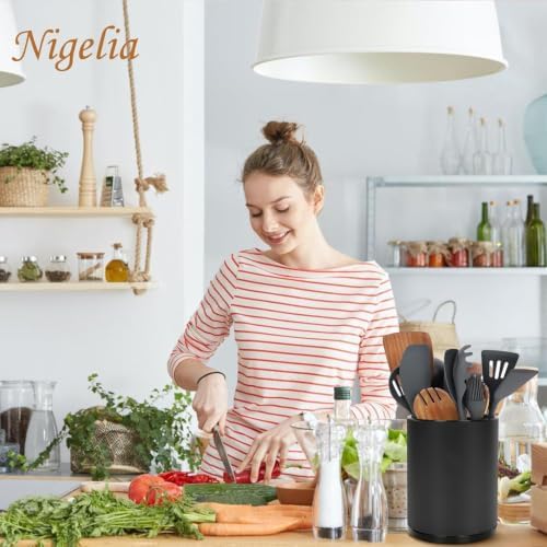 Nigelia Extra Large Kitchen Utensil Holder, 360° Rotating Stainless Steel Cooking Utensil Holder for Countertop, 3 Compartment Flatware Organizer & Cooking Caddy with Removable Base（Black） - Image 3