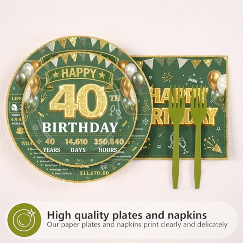96Pcs Sage Green and Gold 40th Birthday Party Supplies Serves 24 - Image 2