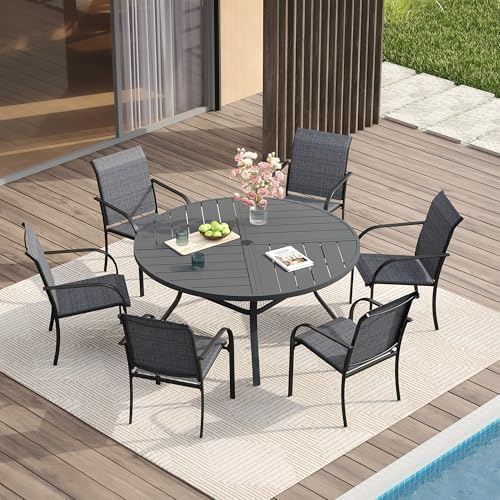 VICLLAX Patio Table and Chair Set of 6, All Weather Metal Round Outdoor Dining Furniture Set-47 Round Outdoor Table and Chairs, Grey Tabletop by HOME
