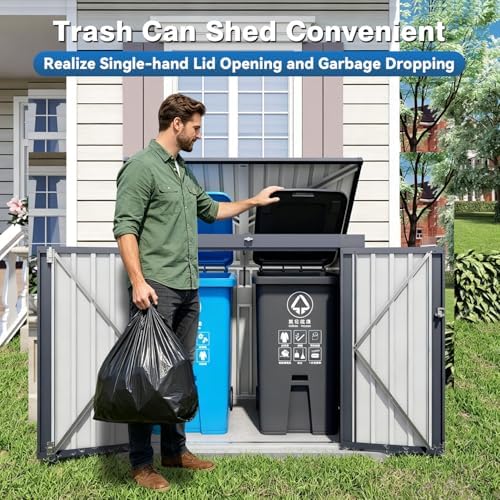 64.57" Bear Proof Outdoor Trash Can Storage Shed for 2 Bins, Metal Garbage Bin Enclosure, Waterproof Small Generator Shed, Outdoor Waste Bin Storage Cabinet for Garden Yard - Image 5