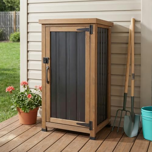 Outdoor Storage Cabinet Waterproof with Metal Top, Wooden Potting Bench Table Tool Organizer with Adjustable Shelf for Patio Backyard Garden - Image 3