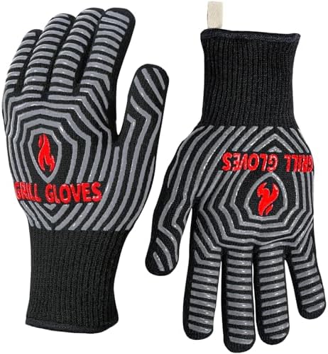 QUWIN BBQ Gloves, 1472°F Heat Resistant Grilling Gloves Silicone Non-Slip Oven Mitts, Kitchen Gloves for BBQ, Grilling, Cooking, Baking(One Size Fits Most, Black)- 1 Pair by QUWIN