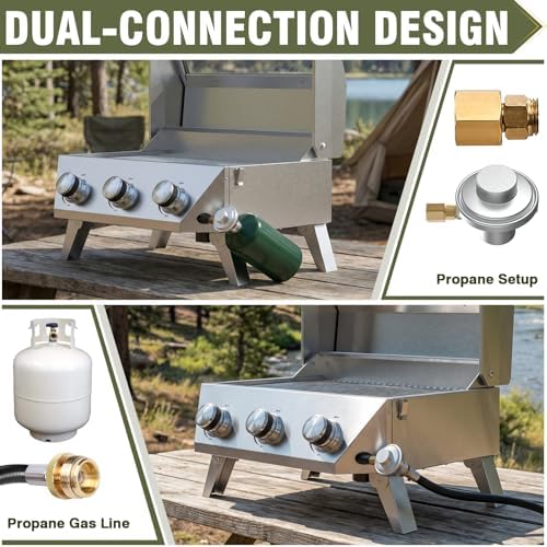 BESTFIRE Portable Propane Grill, 3-Burner Tabletop Gas Grill with 2-in-1 Connection for 1lb/20lb Tanks, 30,000 BTU Stainless Steel BBQ with Observation Window & Thermometer for Outdoor, Tailgating - Image 5