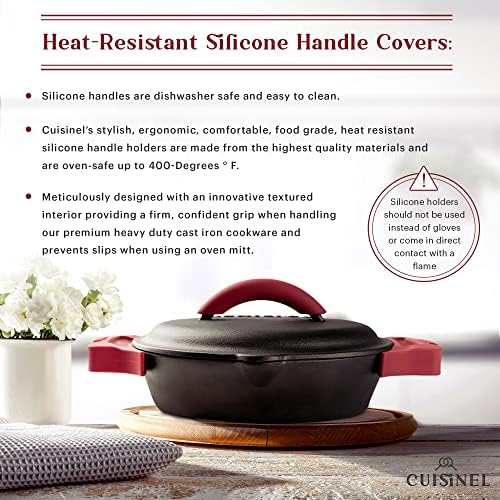Cuisinel Cast Iron Skillet + Cast Iron Lid Set - 10+12"-Inch Dual Handle Frying Pans + Pan Scraper + Silicone Handle Covers - Preseasoned Indoor/Outdoor, Grill, Stovetop, Induction, Oven Cookware - Image 5