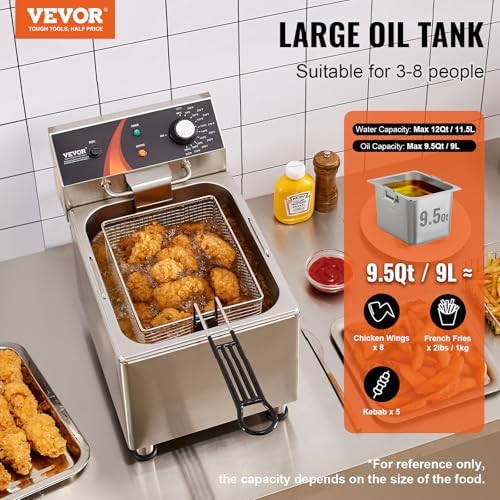 VEVOR Commercial Deep Fryer, 1750W Electric Countertop Fryer with Basket & Height-Adjustable Feet, 12Qt / 11.5L Stainless Steel Single Oil Fryer, Temp Control, Overheat Protection, for Restaurant Use - Image 2