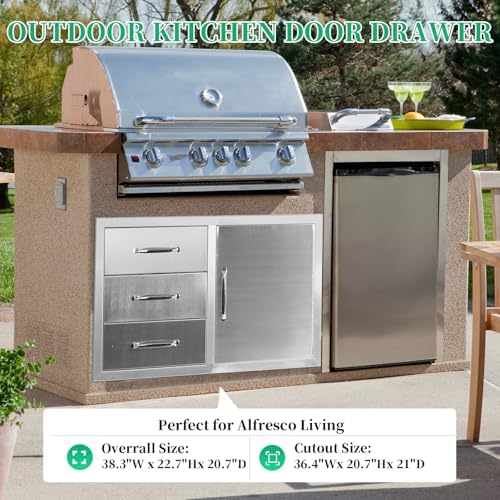 Outdoor Kitchen Door Drawer Combo Cabinet with BBQ Access and Triple Drawers for Outdoor Kitchen Island, Dimensions 38.1"" W x 22.6"" H x 20.8" (Drawer with Handle and Right Door Combo) - Image 3