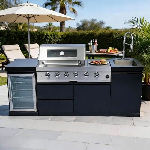 85-Inch 4-Burner Natural Gas Outdoor Kitchen Grill Island - 72000 BTU Stainless Steel BBQ, Refrigerator, Rotisserie, Stainless Countertops, Soft-Close Storage, For Patio, Lawn, Backyard, Black by Dvasovio