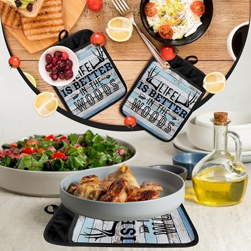 Hunting Cabin Gifts Pot Holders with Pockets, Life is Better in The Woods Moose Pot Holders Heat Resistant Oven Mitts Hot Pads for Kitchen Baking Cooking,Potholders for Kitchens - Image 6