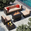 Vongrasig 7 Piece Patio Furniture Set with Propane Fire Pit, Outdoor Conversation Sets Wicker Rattan Sectional Sofa with Coffee Table, 43” Propane Gas Firepit Table with Lid, Beige by Vongrasig