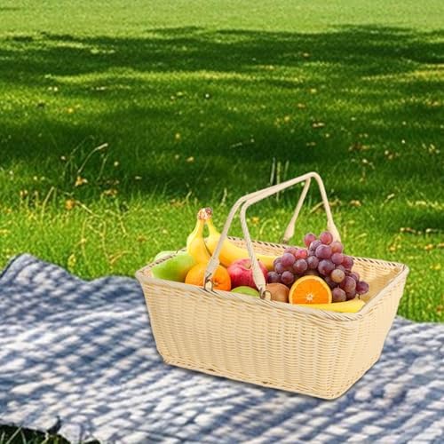 Outdoor PP Woven Picnic Basket Organizer Multipurpose Decor Sturdy Easy to Clean with Handle for Dining Table Home Snack- 45cmx35cmx20cm - Image 4