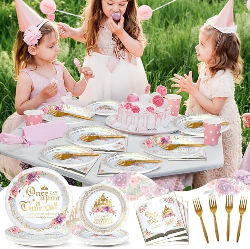 96Pcs Fairytale Princess Plates and Napkins Once Upon a Time Party Tableware Set Plates for Wedding Girl Pink Floral Gold Castle Dinnerware for Birthday Party Baby Shower Decoration Supplies Serve 24 - Image 6