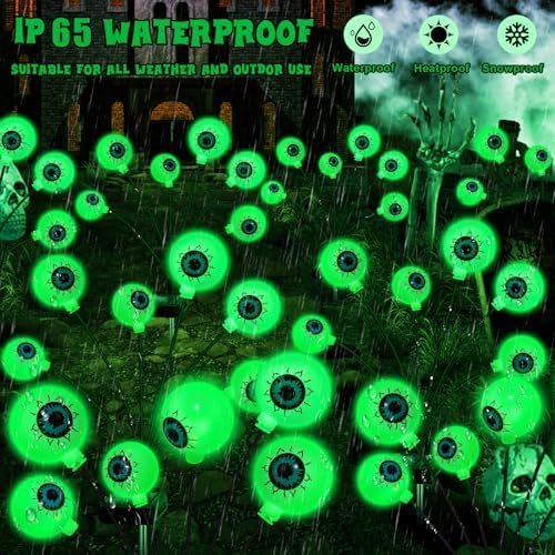 ZFNN Solar Halloween Decorations, 4 Pack 24 LED Spooky Eyeball Lights, Outdoor Waterproof Solar Green Firefly Lights for Garden Yard Patio Pathway Lawn Halloween Party - Image 5