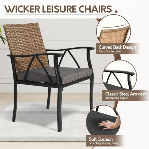 5-Piece Patio Dining Set for 4, Outdoor Dining Set with 4 Wicker Patio Dining Chairs with Cushions & 1 Black Square Woodgrain Dining Table with 1.75" Market Umbrella Hole, Black & Brown - Image 4