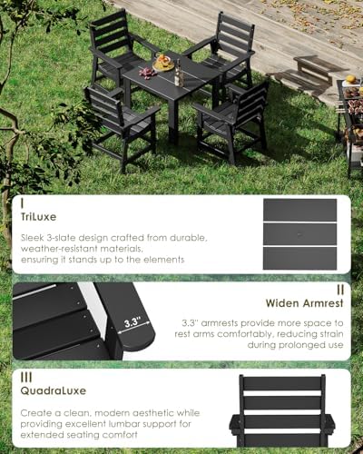 GREENVINES 5-piece Patio Dining Set, HDPE Square Table & 4 Chairs, Black - Image 5