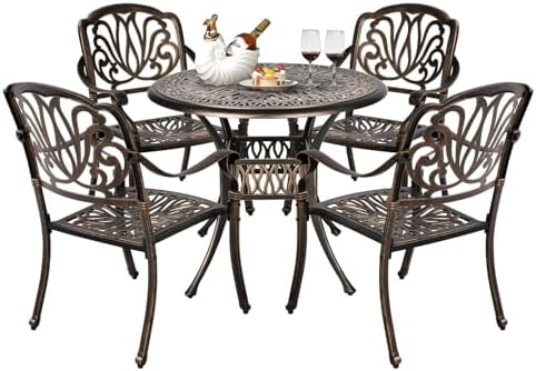 VINGLI 5 Pieces Outdoor Patio Dining Set, Cast Aluminium Patio Furniture Set with 4 Chairs and 1 Umbrella Table for Yard, Garden, Porch and Poolside, Bronze by VINGLI