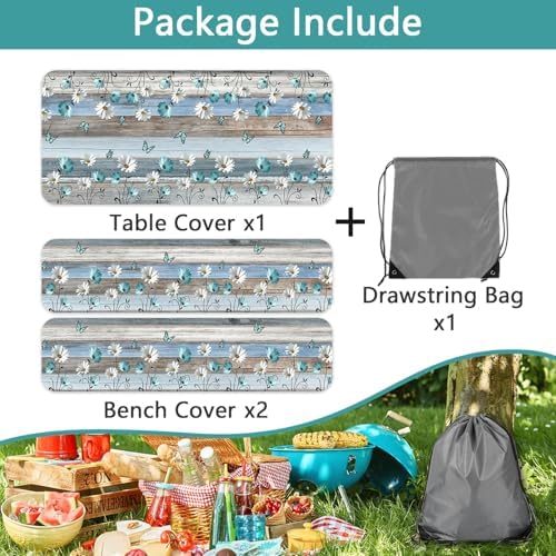 Floral Picnic Table Cover with Bench Covers, Camping Essentials, Wooden Flower Butterfly Waterproof Windproof, Fitted Tablecloth Cover with Elastic Edge, for Indoor, Outdoor, 3 PCS, 30x96 Inch - Image 7