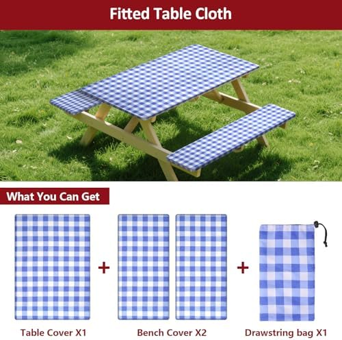 7ft 84in Picnic Table and Bench Cover, 3 Pack, Blue-White Checkered - Image 3