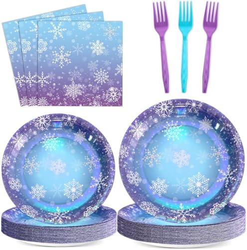 96 Pcs Winter Snowflake Paper Plates and Napkins Blue Purple Snowflake Disposable Tableware Winter Wonderland Dinnerware for Christmas New Year Birthday Party Decor Supplies by Oitnlaughter