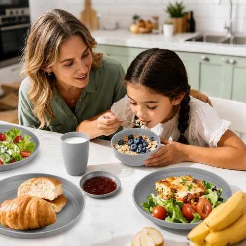 Kids Wheat Straw Dinnerware Sets for 4, 16 Piece Unbreakable Dinnerware Set, Kids Plates and Bowls Sets, Kitchen Plates and Bowls Set, Lightweight Dish Set for Party, Camping，RV - Grey - Image 2