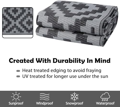 SAND MINE Waterproof Outdoor Rug 5x8 ft, Plastic Reversible Rug, Modern Area Rug, Large Floor Mat for Outdoors, RV, Patio, Backyard, Deck, Picnic, Beach, Camping, Black Grey Lattice - Image 4