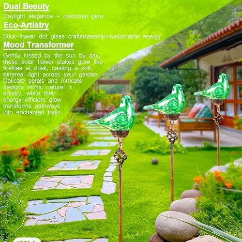 Decorative Solar Lights, Outdoor Solar Bird Stake Lights, Hand Blown Glass Decorative Garden Pathway Lights Outdoor Waterproof Glass Stakes (Green) - Image 5