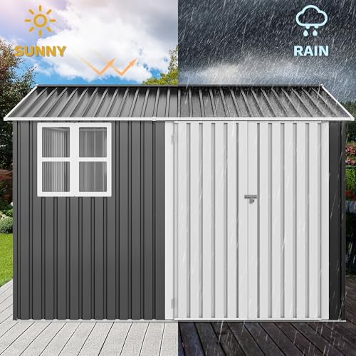 DWVO 10x8ft Large Tool Storage Shed with Window, Lockable Doors, and Sloped Roof, Oversized Steel Outdoor Storage Shed for Garden, Patio, Garage, Backyard, Lawn - Gray & White - Image 5