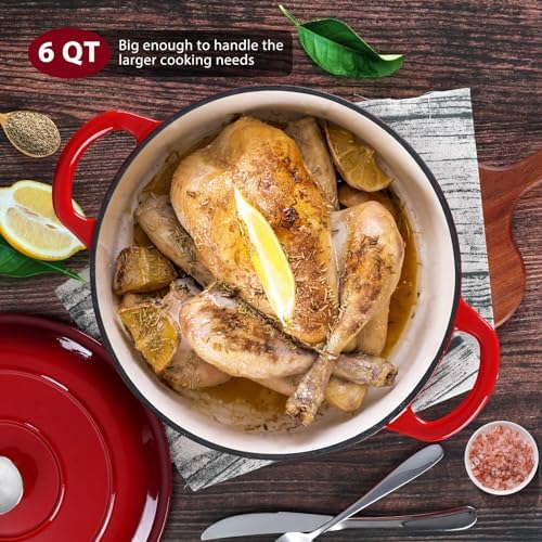 E-far Enameled Cast Iron Dutch Oven with Lid, 6 Quart Round Dutch Oven Pot Nonstick Cookware for Braising, Stews, Roasting, Bread Baking, Cooking, Heavy Duty, Induction & Oven Safe - Red - Image 6
