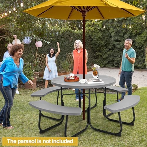 Tangkula 8 Person Round Picnic Table with 4 Built-in Benches, Grey - Image 2
