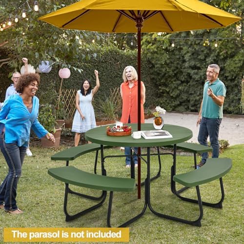 Tangkula 8 Person Round Picnic Table with 4 Built-in Benches, Green - Image 2