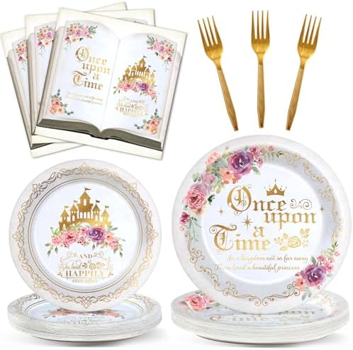 96Pcs Fairytale Princess Plates and Napkins Once Upon a Time Party Tableware Set Plates for Wedding Girl Pink Floral Gold Castle Dinnerware for Birthday Party Baby Shower Decoration Supplies Serve 24 by Naozinebi