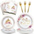 96Pcs Fairytale Princess Plates and Napkins Once Upon a Time Party Tableware Set Plates for Wedding Girl Pink Floral Gold Castle Dinnerware for Birthday Party Baby Shower Decoration Supplies Serve 24 by Naozinebi