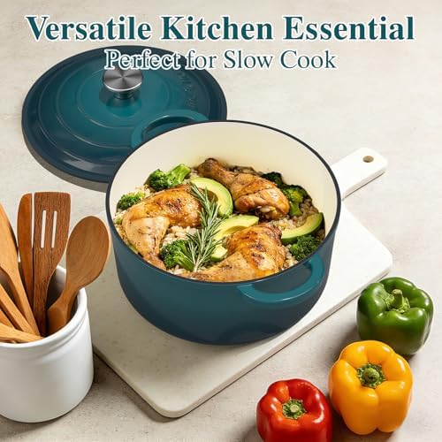 Umite Chef 7QT Enameled Cast Iron Dutch Oven with Lid & Cotton Potholders–Heavy-Duty Cookware for Bread Baking, Braising, Stews, Marinate, Cook(Emerald) - Image 7