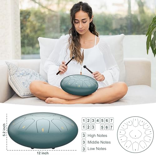 D Major Steel Tongue Drum Handpan, 12 Inch 13 Note Rain Drum for Garden Outside, Meditation Rain Chime, Musical Percussion Instrument for Adult Gift with Bag, Music Book, Drum Mallets (Moss Blue) - Image 3