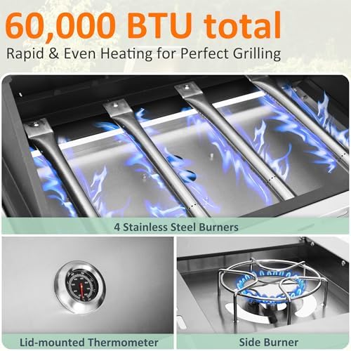 Polar Aurora Propane Gas Grill 4 Burners with Side Burner, Stainless Steel Grill Cart with Wheels for Outdoor Patio Garden Backyard Cooking bbq Grill - Image 5