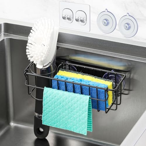 3-In-1 Sponge Holder for Kitchen Sink, 2 Type Suspension Options (Suction Cups & Adhesive Hook), Hanging Sink Caddy Organizer Rack - Sponge, Dish Cloth, Brush, Scrubber, 304 Stainless Steel - Black by MakeLifeBetterEasier