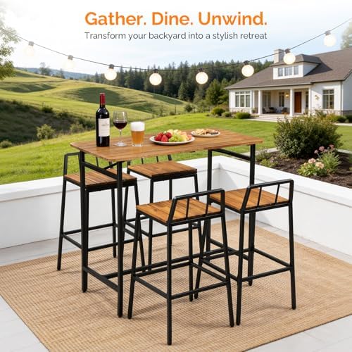 VINGLI 5 Pieces Outdoor Dining Set, Acacia Wood Outdoor Bar Table and Chairs Set for Porch Poolside Backyard Garden Balcony - Image 6