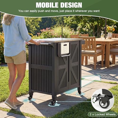 Outdoor Grill Cart with Stainless Steel Top, Outdoor Kitchen Island BBQ Prep Table, 2-Tier Storage Cabinet, Rolling Utility Station with Hanging Trash Bin, Wheels, Side Shelf for Patio, Yard, Picnic - Image 7