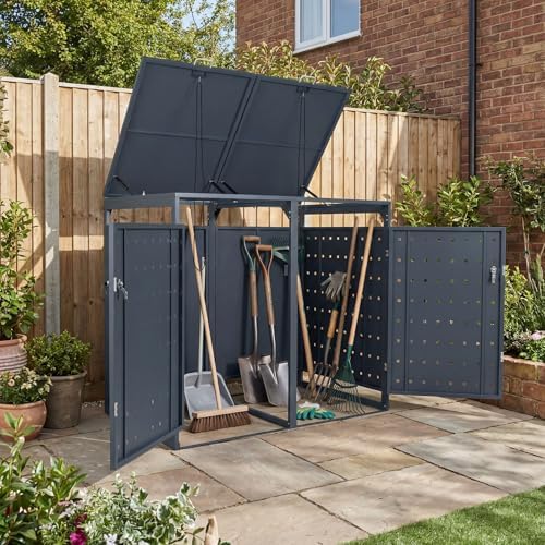 Goplus 44 Cu.Ft Outdoor Trash Can Storage, Garbage Can Hider Outdoor with 2 Lockable Doors Gas Struts & Shock Absorbers, Outdoor Storage for Patio, Backyards, Yard & Garden (52"x31.5"x46") by Goplus