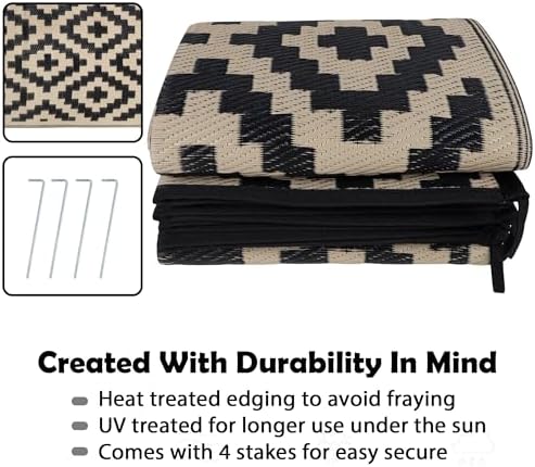 SAND MINE Waterproof Outdoor Rug 8x8 ft, Plastic Reversible Rug, Modern Area Rug, Large Floor Mat for Outdoors, RV, Patio, Backyard, Deck, Picnic, Beach, Camping, Black & Beige - Image 4