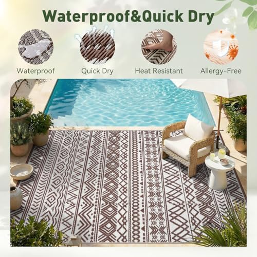 MontVoo-Outdoor Rug Carpet Waterproof 6x9 ft Reversible Patio Rug RV Camping Rug-Plastic Straw Rug Outside Indoor Outdoor Area Rug for Patio Deck Balcony Picnic Beach Outdoor Decor Boho Beige Brown - Image 4
