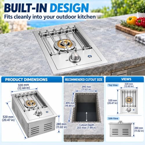 Single Grilling Side Burner with LED for BBQ Grill Island, 17,000 BTU,Liquid Propane Side Burner for Outdoor Kitchen, Convertible to Natural Gas, 304 Stainless Steel - Image 7