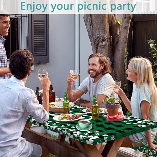 St. Patrick's Day Picnic Table Cover with Bench Covers, Camping Essentials, Buffalo Plaid Shamrock Lucky Outdoor Table Covers, Waterproof, Fitted Tablecloth Cover with Elastic Edge, 3 PCS, 30x96 Inch - Image 2