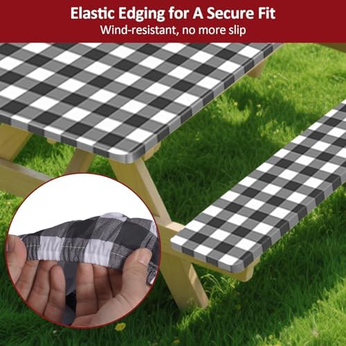 8ft 96" Picnic Table and Bench Cover, 3 Pack, Black-White Checkered - Image 4