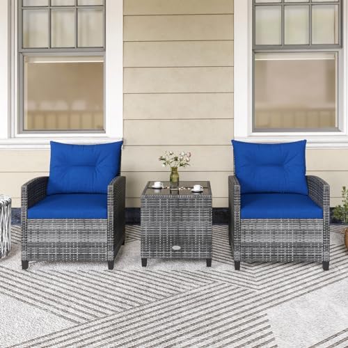 KOTEK 3 Piece Patio Furniture Set, Outdoor PE Rattan Conversation Set with Washable Cushions & Tempered Glass Tabletop, Wicker Chairs and Table Set for Porch, Garden, Balcony (Navy) - Image 7