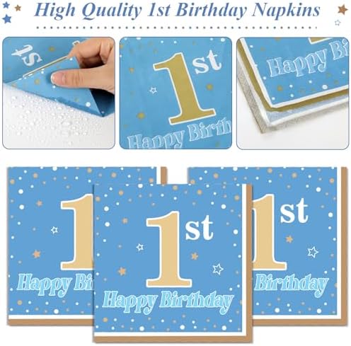 96PCS Baby Boy First Birthday Party Paper Plates and Napkins Blue and Brown 1st Birthday Disposable Plates 1st Blue Dinnerware Set for Boys One Year Old Baby Shower Birthday Gatherings Decorations - Image 4
