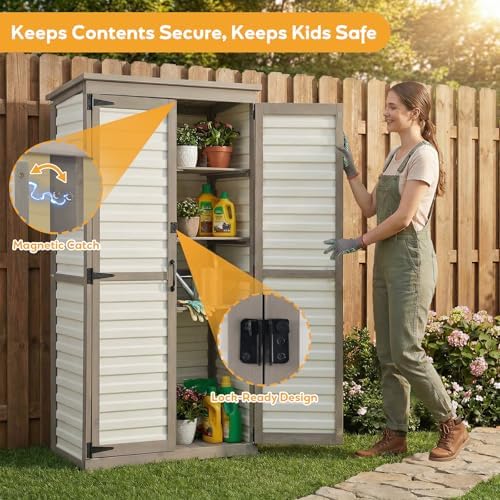 Outdoor Storage Cabinet, Wood & Plastic Garden Shed with Adjustable Shelves - Image 3