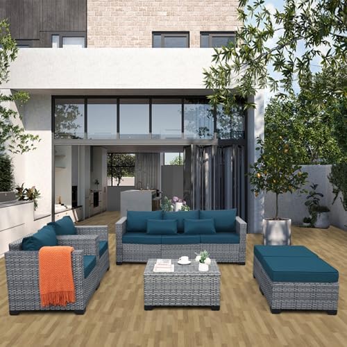 Lviden 6 Pieces Wicker Patio Furniture Sets Outdoor Conversation Set HDPE Rattan Sectional Sofa Couch with Storage Table and Non-Slip Cushions, Peacock Blue - Image 2