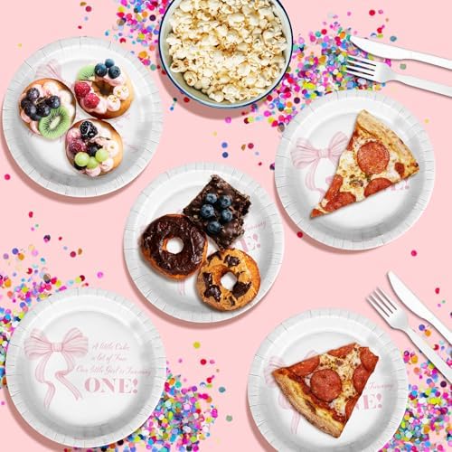 Pink Bows First Birthday - 32 Piece Disposable Party Supplies - Decorations for Girl's 1st Birthday Round Party Plates - Large 9" Paper Plates In Bulk - Image 5