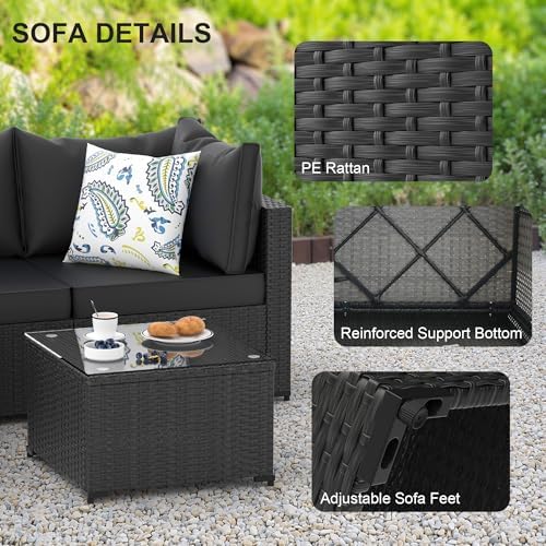 Patio Furniture Set w/ Fire Pit Table, 6PCS Outdoor Conversation Sets Waterproof Rattan Sectional Sofa with 4” Thickened Cushion Modular Wicker Patio Furniture Set with Glass Top Table (Black) - Image 3